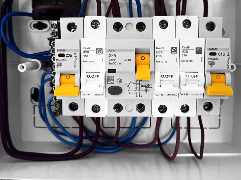 Close-up of circuit breaker switches with orange toggles inside an electrical panel