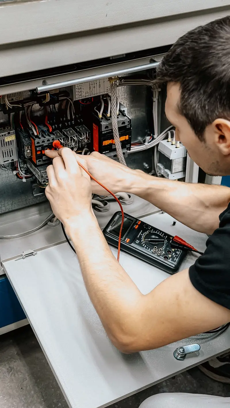 Electrician using a multimeter to test an outlet during a home safety inspection