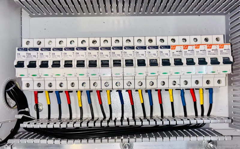 Open residential electrical panel showing rows of labeled circuit breakers